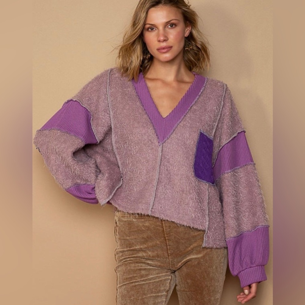 POL V Neck Cut Sew Fleece Panel Pullover Sweater
